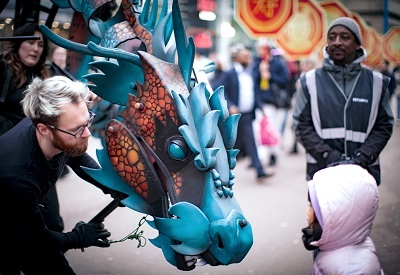 Child with puppet Brimstone, the Giant Dragon