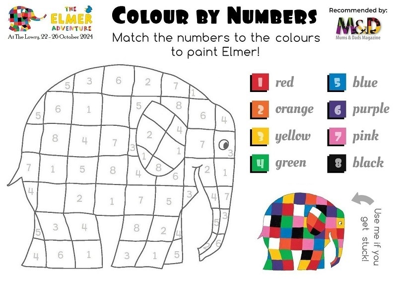 Elmer's Colour by numbers and colouring in activity sheet.